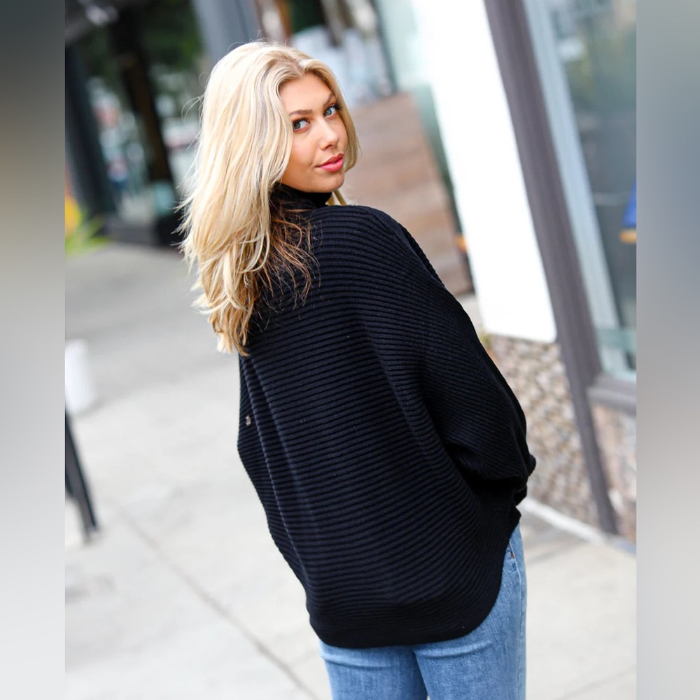 Black Dolman Ribbed Turtle Neck Boutique Sweater, Relaxed Fit, size Small - Picture 4 of 6